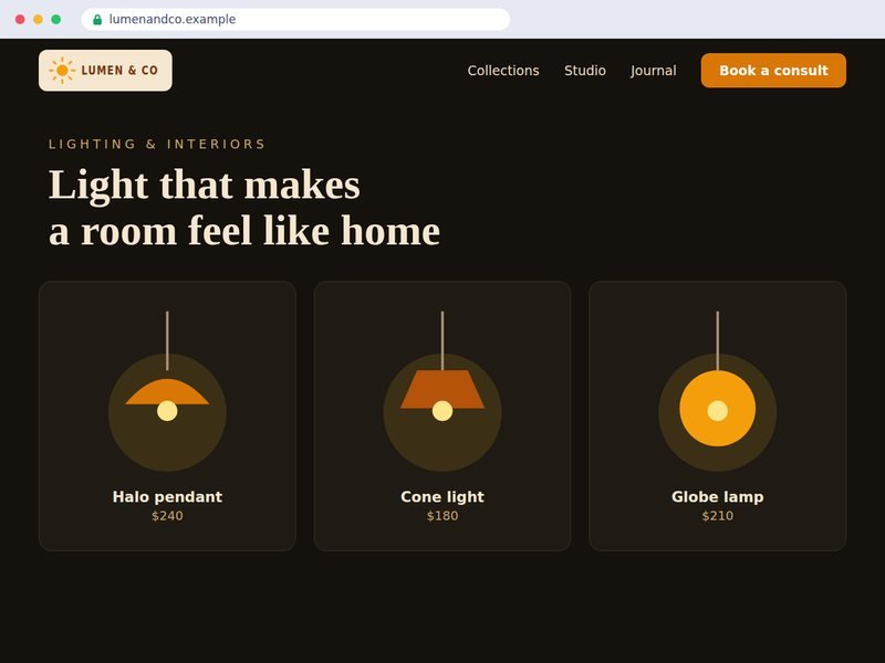 Website for Lumen and Co: a dark lighting shop page with three lamps