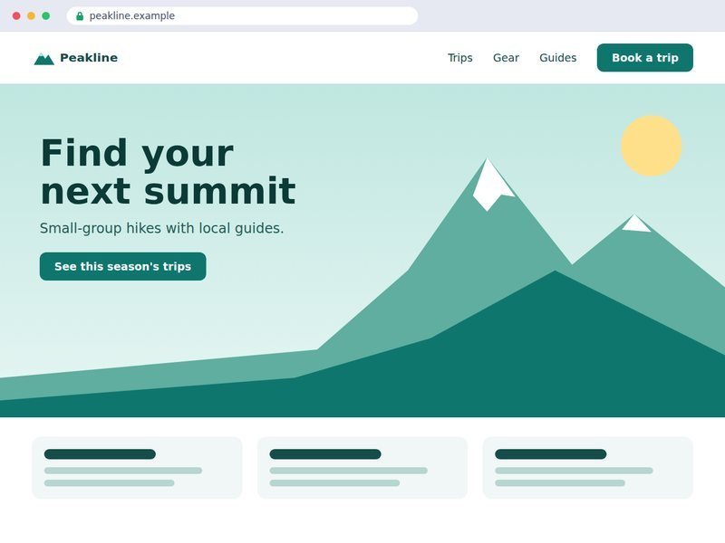 Website for Peakline: a mountain hero with the headline Find your next summit