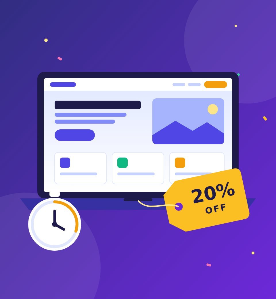 A laptop showing a new website, a stopwatch and a 20% off tag