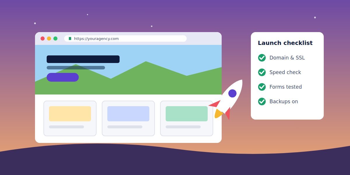A live website in a browser window next to a launch checklist with every item ticked